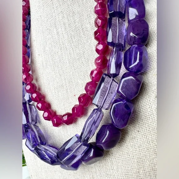 Triple Strand Beaded Necklace in Purple - Picture 2 of 5